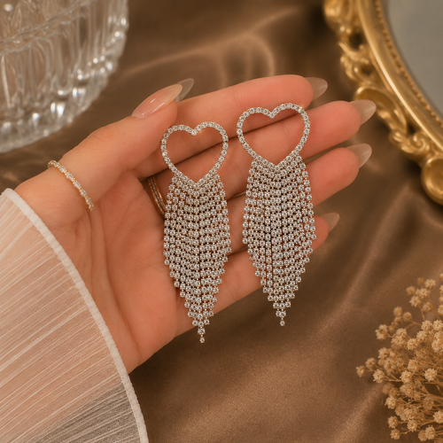 Crystal Heart Fringe Earrings