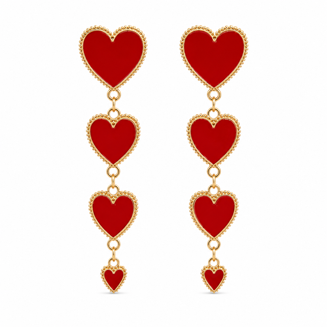 Crimson Cascading Red Heart Drop Earrings