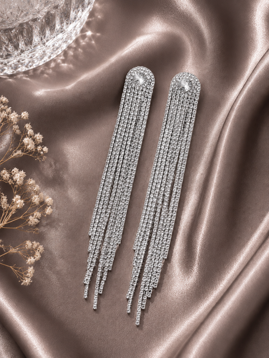 Aurora Silver Crystal Waterfall Tassel Earrings