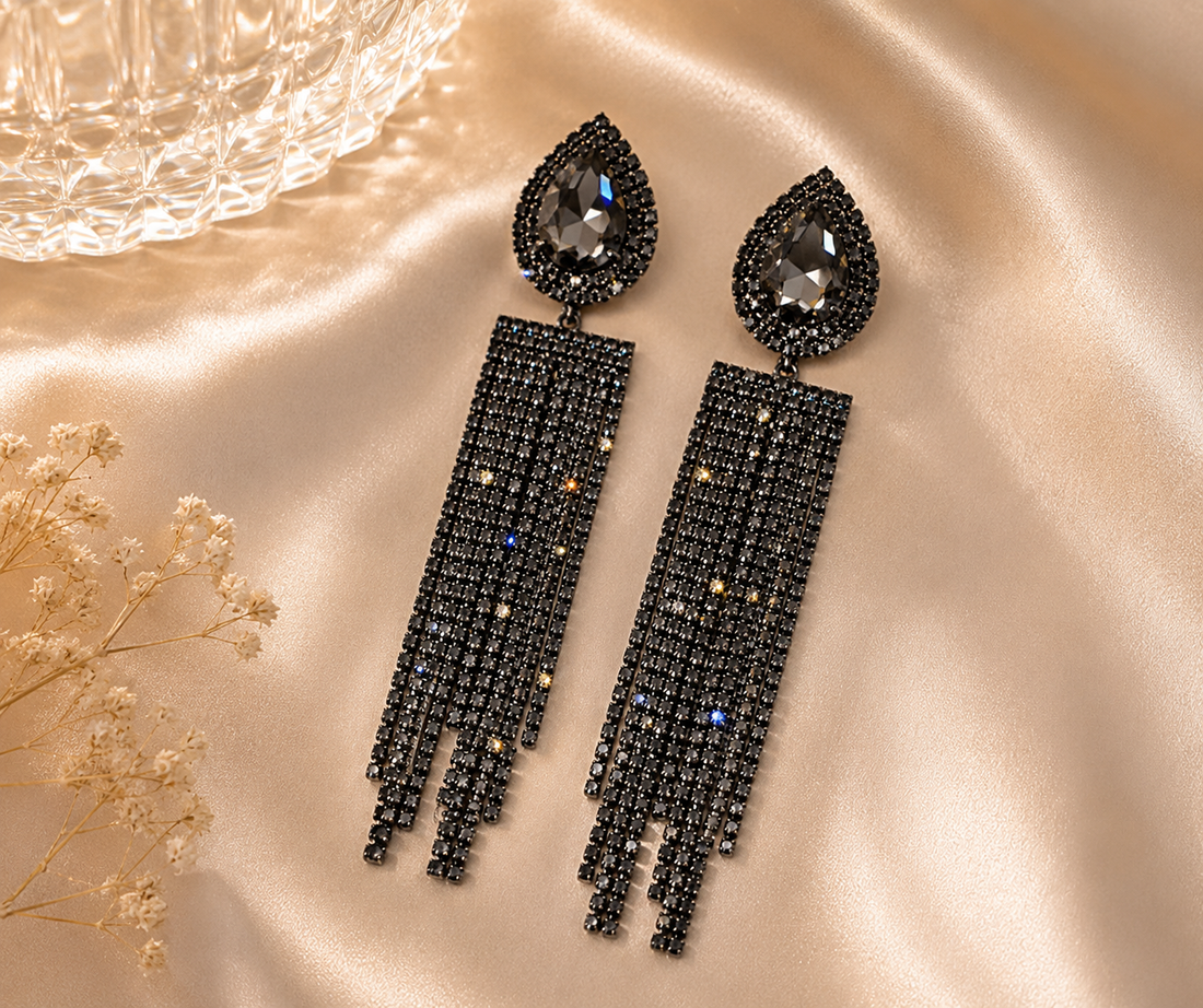 Black Crystal Fringe Earrings