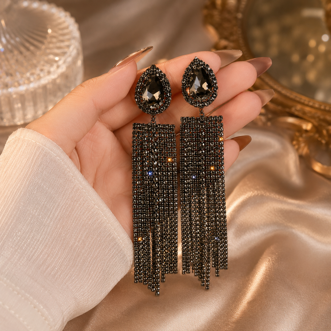 Black Crystal Fringe Earrings