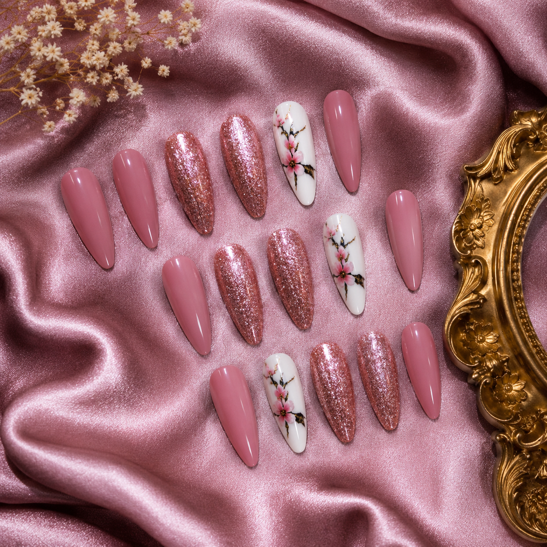 Rose Gold Floral & Glitter Almond Press-on Nail
