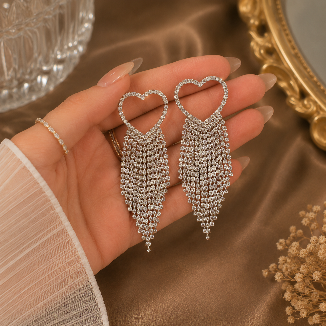 Crystal Heart Fringe Earrings