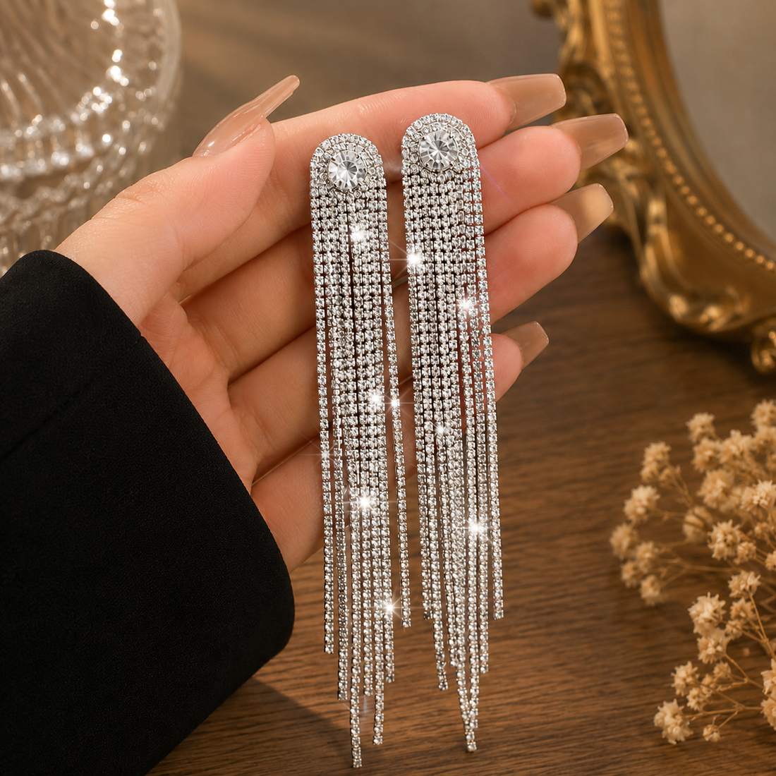 Aurora Silver Crystal Waterfall Tassel Earrings