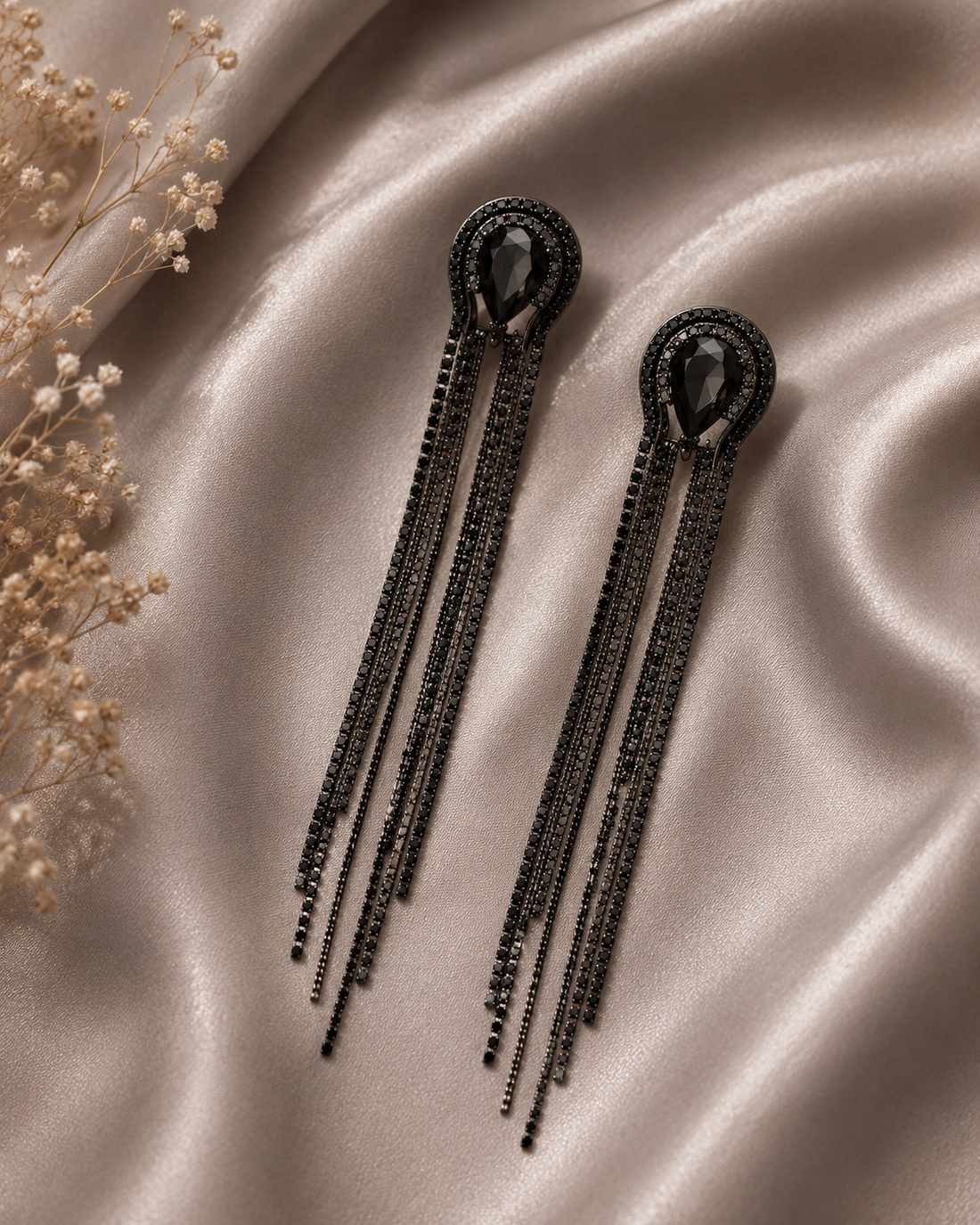Noir Eclipse Black Crystal Tassel Earrings