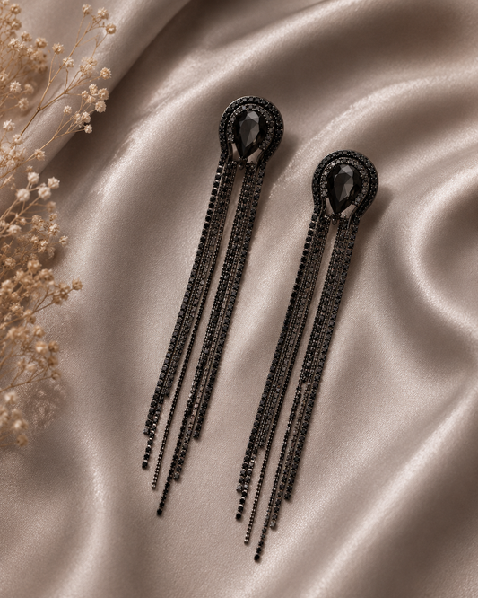 Noir Eclipse Black Crystal Tassel Earrings
