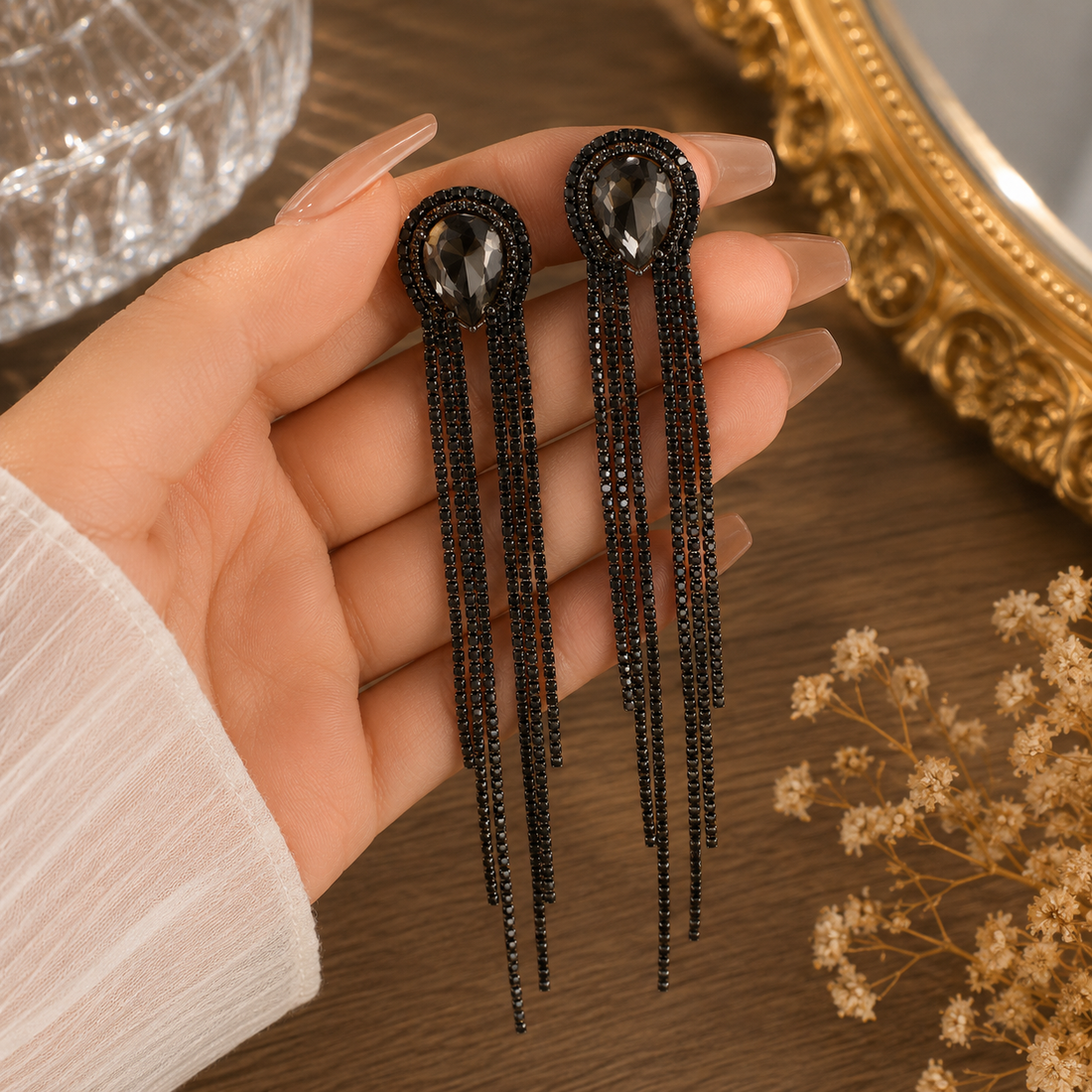 Noir Eclipse Black Crystal Tassel Earrings