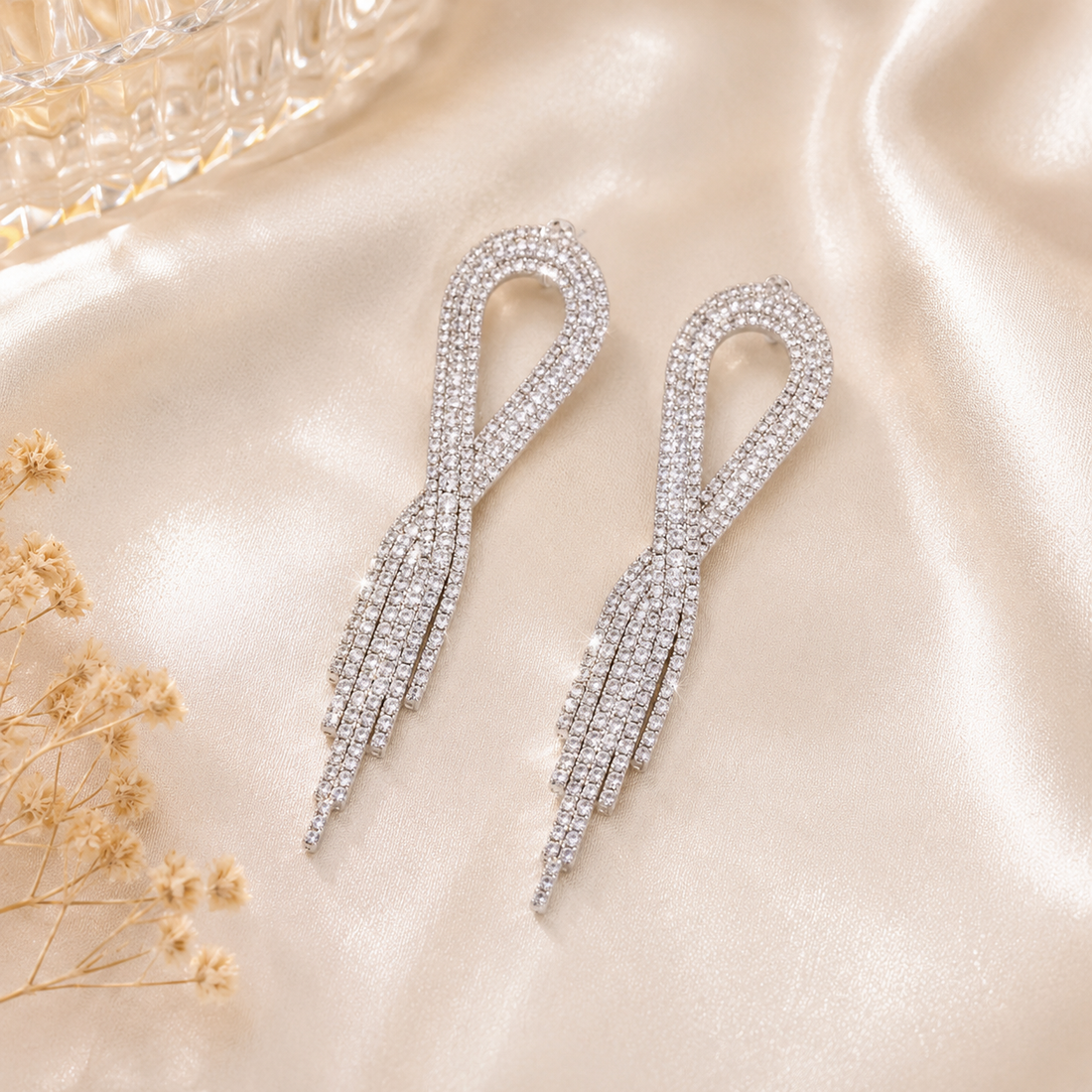 Silver Tassels Rhinestone Earrings