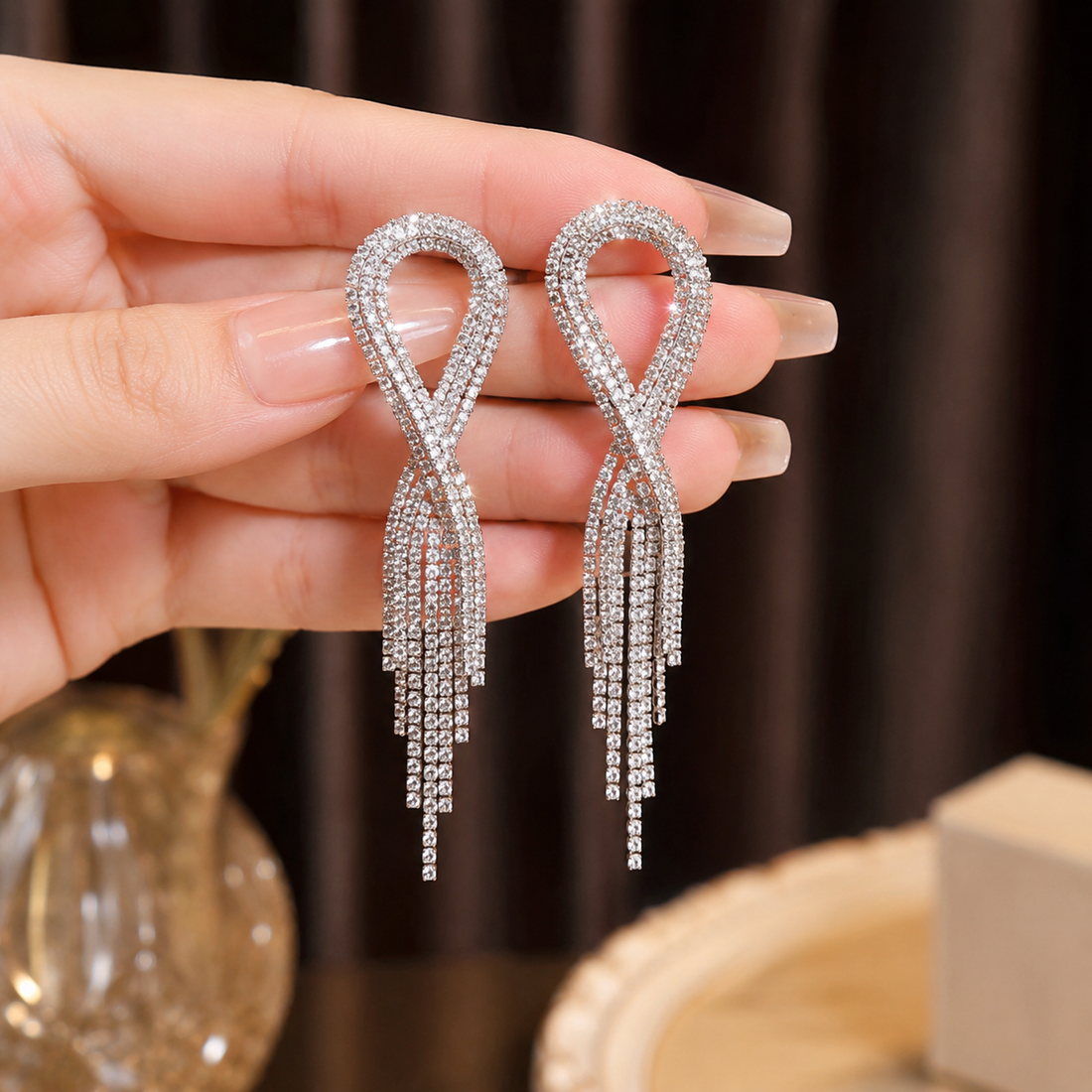 Silver Tassels Rhinestone Earrings