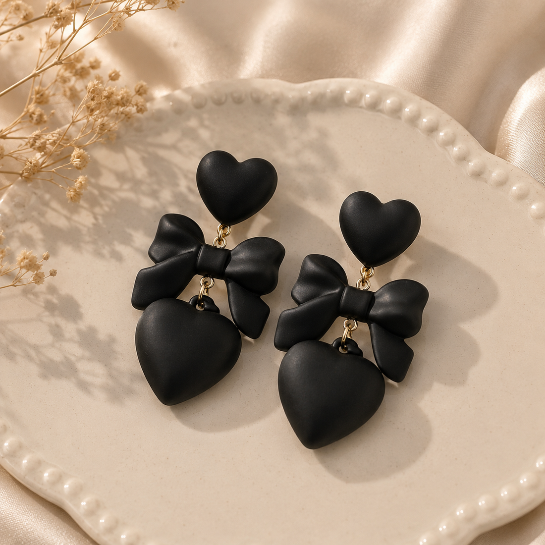 Matte Black Heart & Bow Earrings