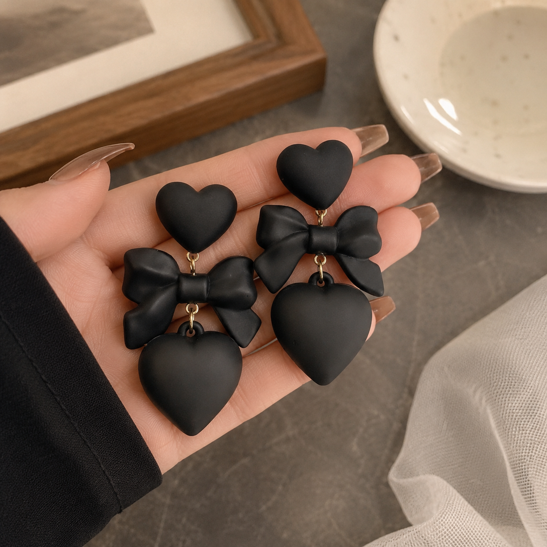 Matte Black Heart & Bow Earrings