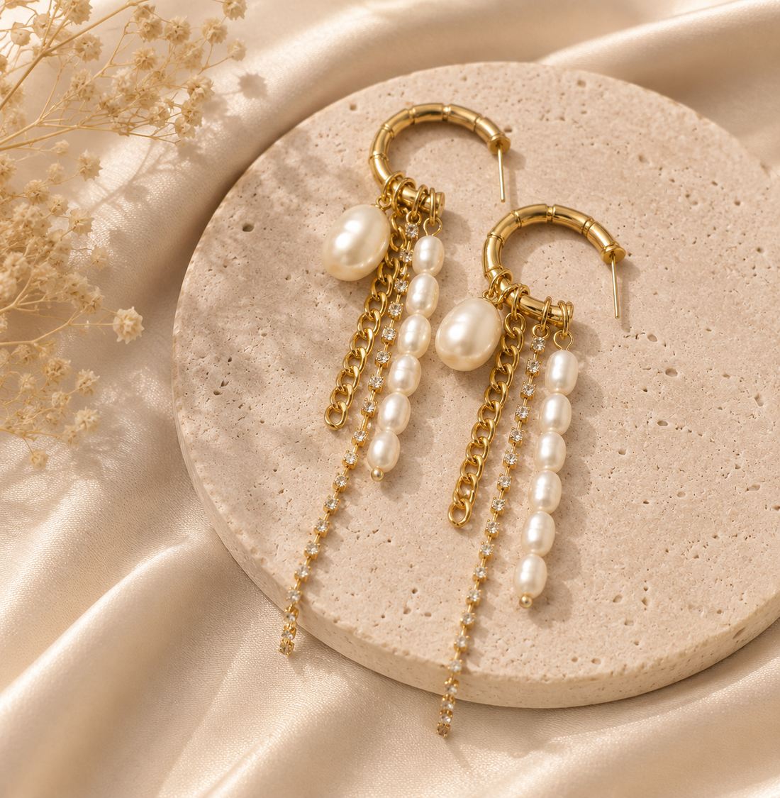 Pearl Chain Golden Drop Earrings