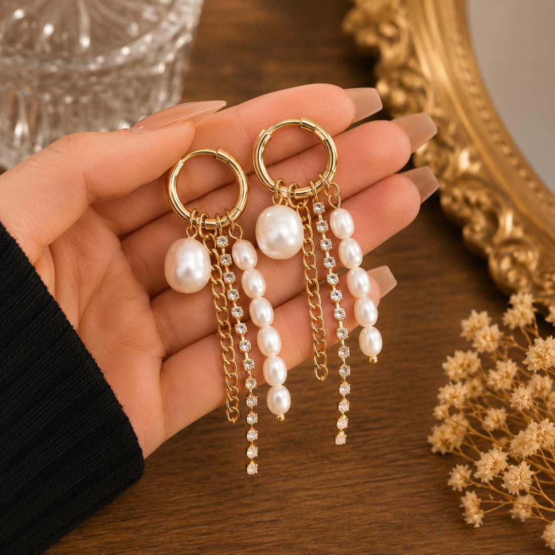 Pearl Chain Golden Drop Earrings
