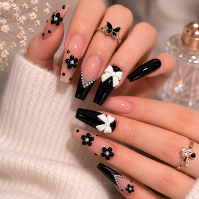 Black Floral Bow