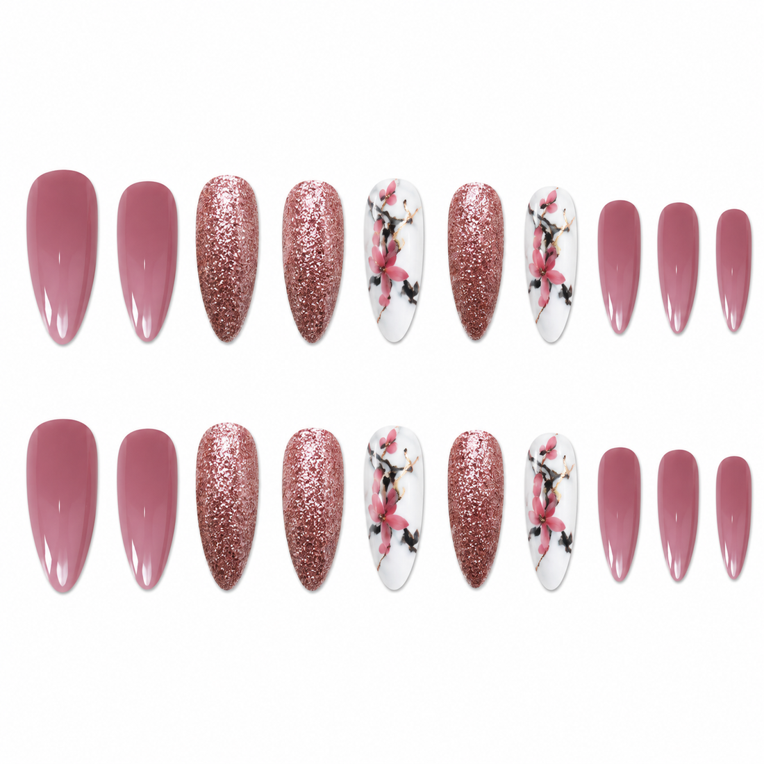 Rose Gold Floral & Glitter Almond Press-on Nail